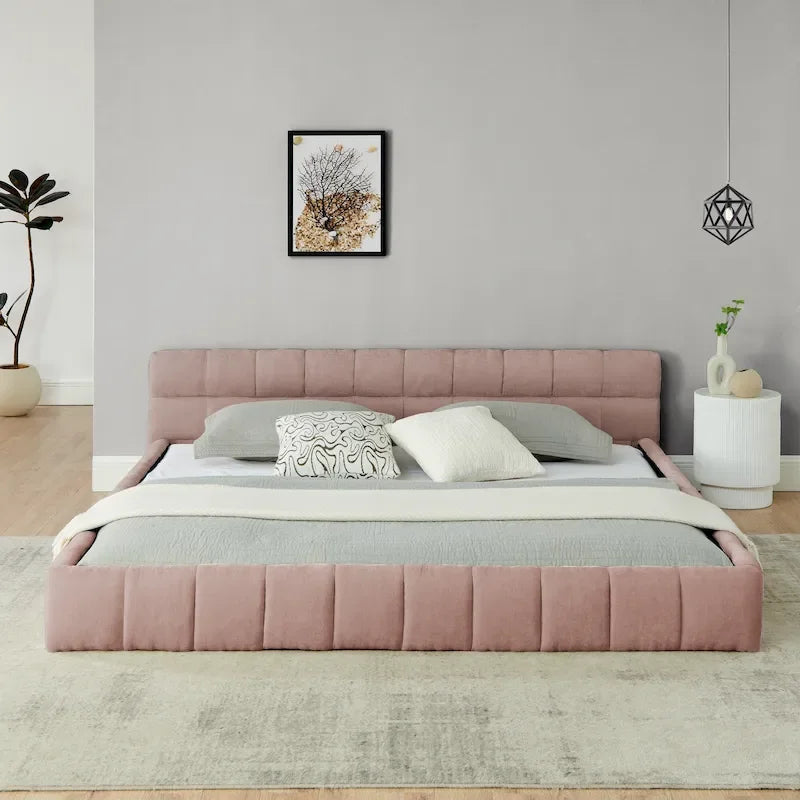 Cadre de lit King Size capitonné en tissu chenille, lit plateforme robuste avec tête de lit et cadre en bois massif