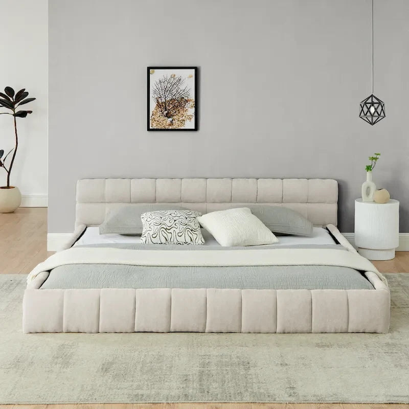 King Size Upholstered Bed Frame with Chenille Fabric, Sturdy Platform Bed Featuring Headboard and Solid Wood Frame