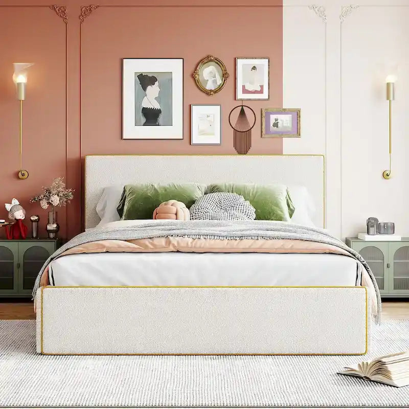 Lit plateforme rembourré confortable de taille Queen avec 4 tiroirs offrant un grand espace de rangement, tête de lit, pied de lit et tiroirs cachés des deux côtés.