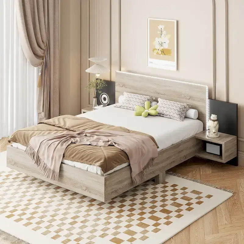 Lit plateforme moderne en bois avec cadre de lit Queen, 2 tables de chevet et éclairage LED, sans sommier.