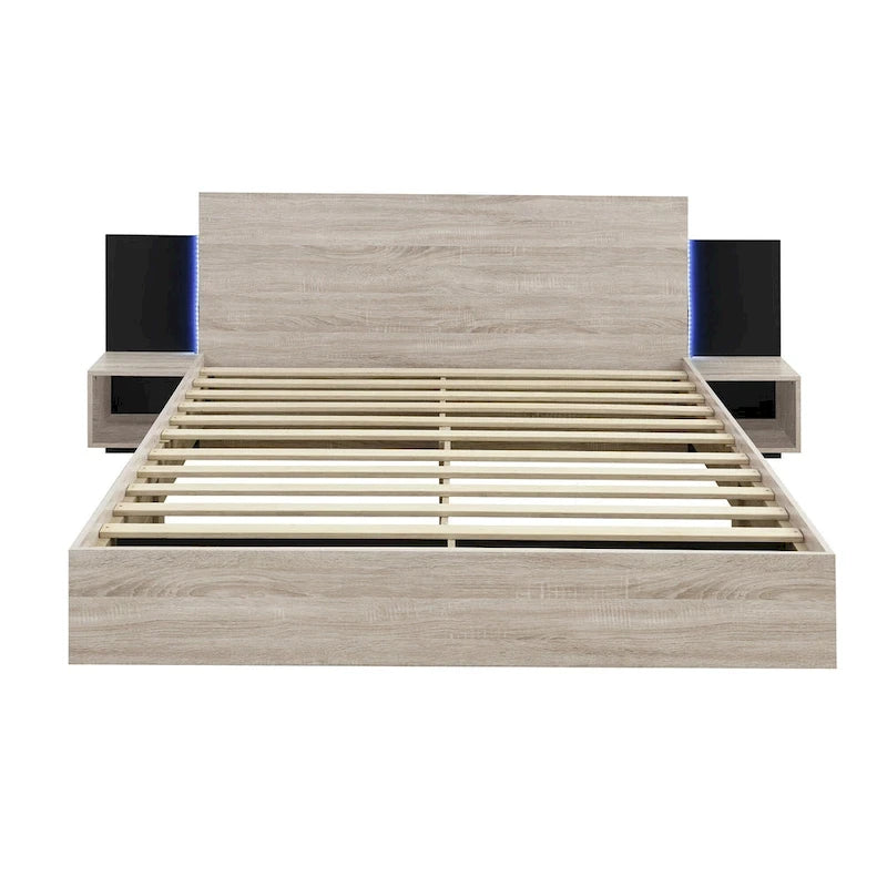 Lit plateforme moderne en bois avec cadre de lit Queen, 2 tables de chevet et éclairage LED, sans sommier.