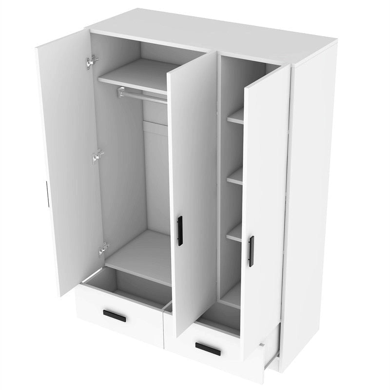 Armoire de chambre à coucher à 3 portes avec tringle et 2 tiroirs de rangement, armoire en bois massif avec étagères de rangement