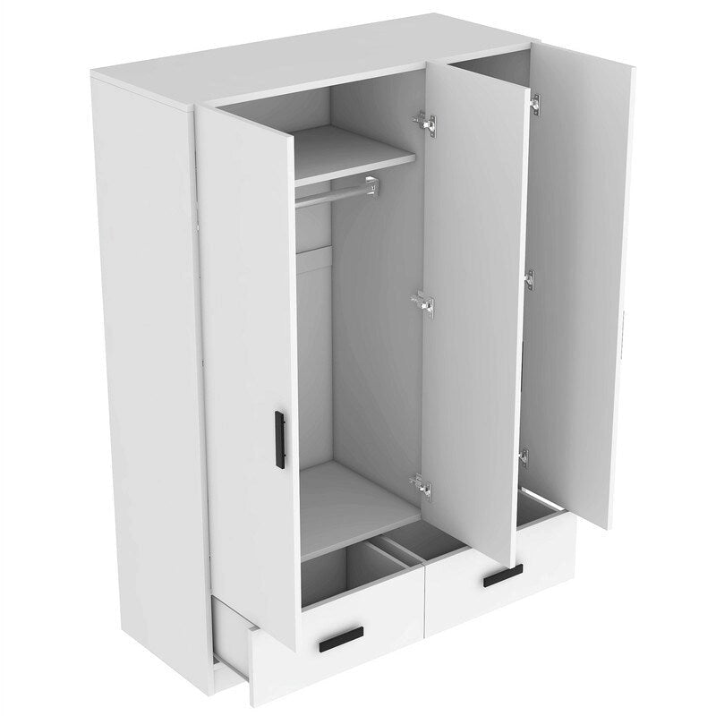 Armoire de chambre à coucher à 3 portes avec tringle et 2 tiroirs de rangement, armoire en bois massif avec étagères de rangement