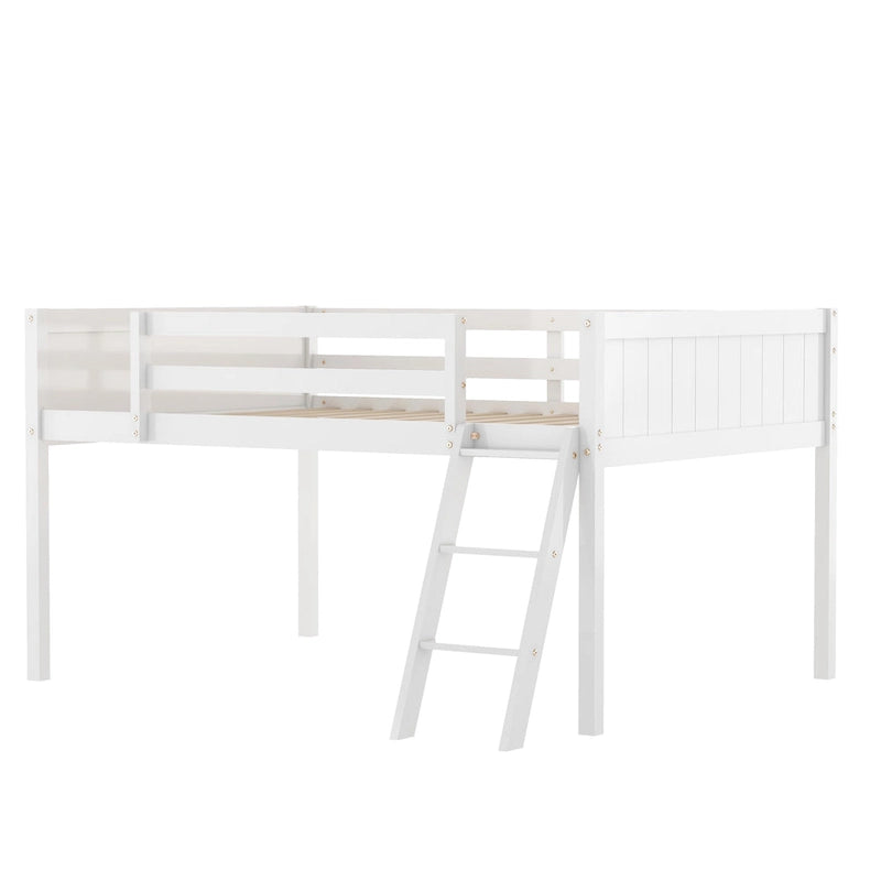 Full Size Wood Low Loft Bed with Removable Ladder, Wooden Bed Frame
