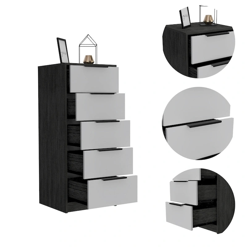 Commode moderne en bois à 5 tiroirs avec glissières et poignées en métal