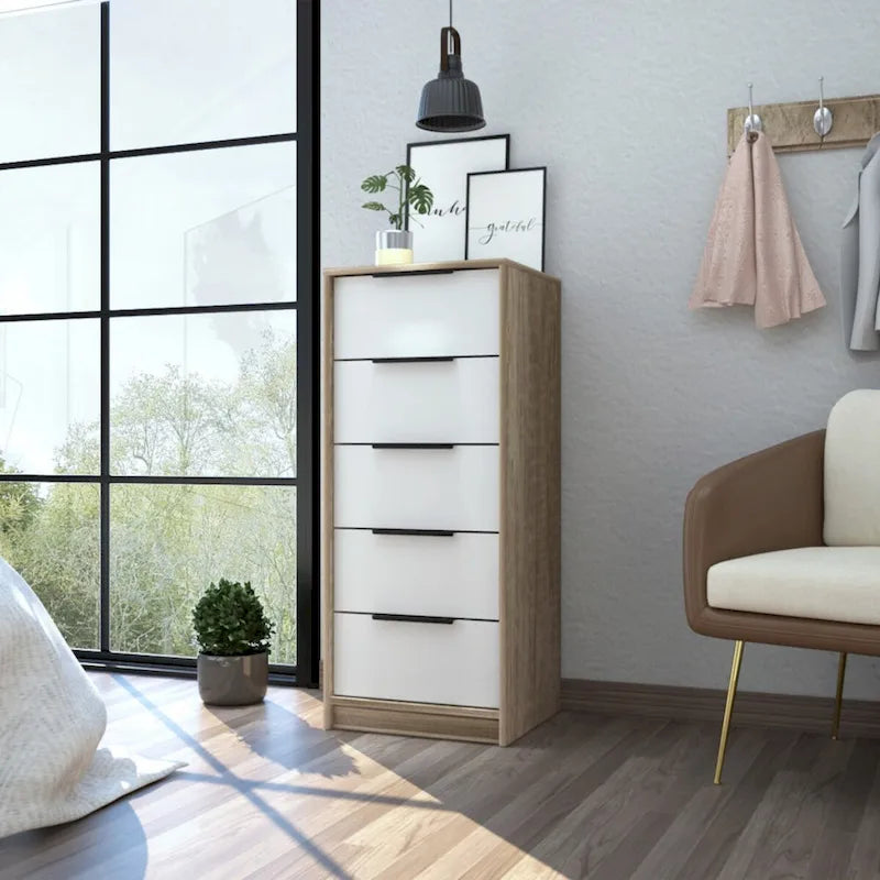 Commode moderne en bois à 5 tiroirs avec glissières et poignées en métal