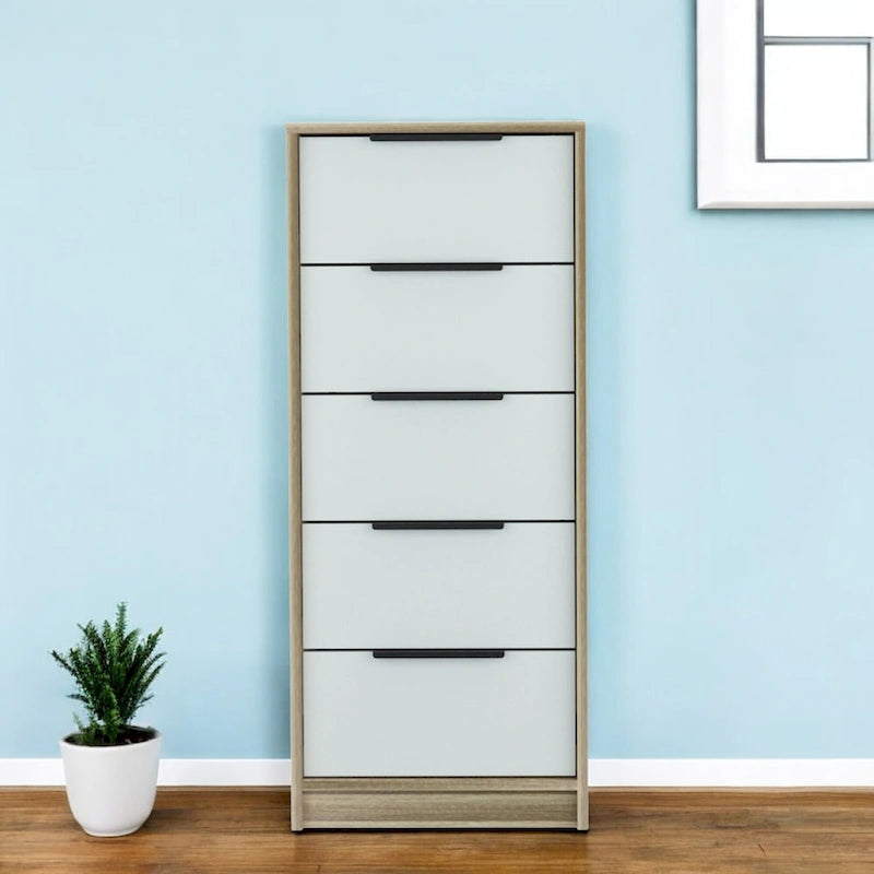 Commode moderne en bois à 5 tiroirs avec glissières et poignées en métal