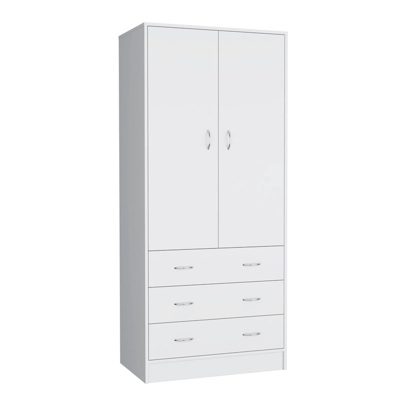 Armoire moderne à double porte de 19 pouces avec 3 tiroirs et 1 tringle pour chambre à coucher