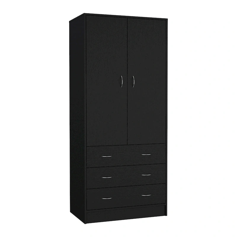 Armoire moderne à double porte de 19 pouces avec 3 tiroirs et 1 tringle pour chambre à coucher