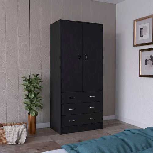 Armoire moderne à double porte de 19 pouces avec 3 tiroirs et 1 tringle pour chambre à coucher