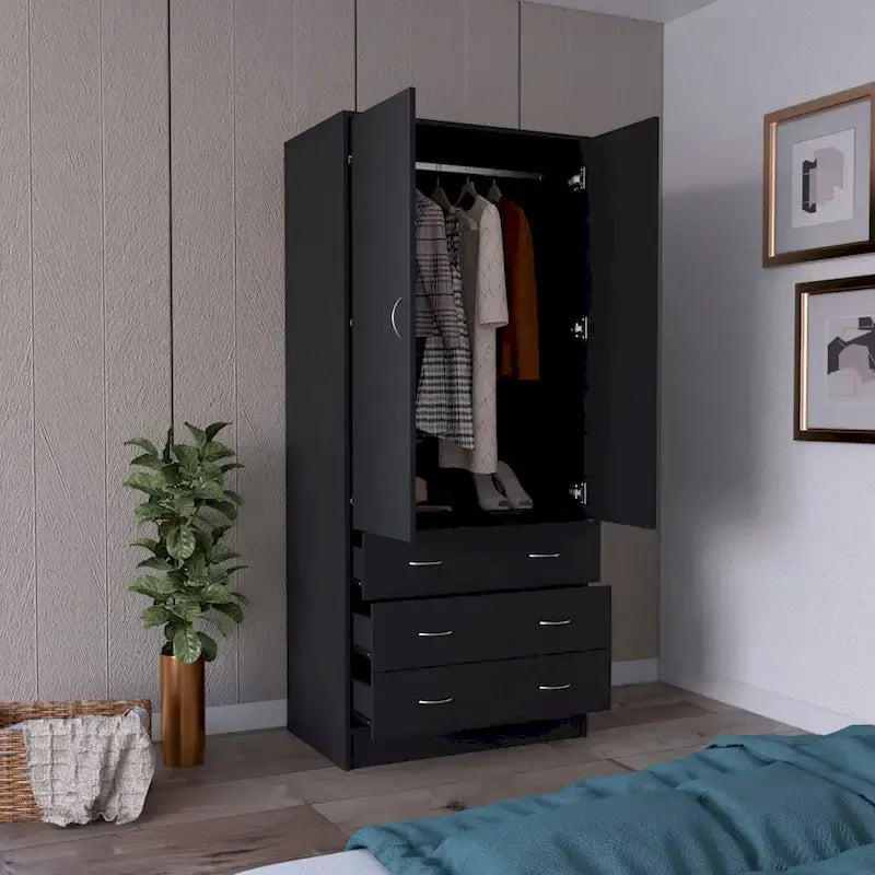 Armoire moderne à double porte de 19 pouces avec 3 tiroirs et 1 tringle pour chambre à coucher