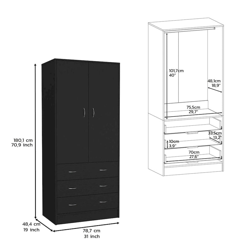 Armoire moderne à double porte de 19 pouces avec 3 tiroirs et 1 tringle pour chambre à coucher