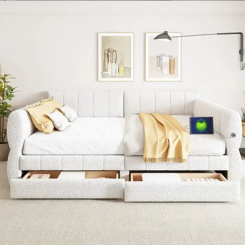 Lit de jour rembourré Queen Size avec 2 tiroirs de rangement, cadre de lit de jour moderne, canapé-lit avec port USB et accoudoirs