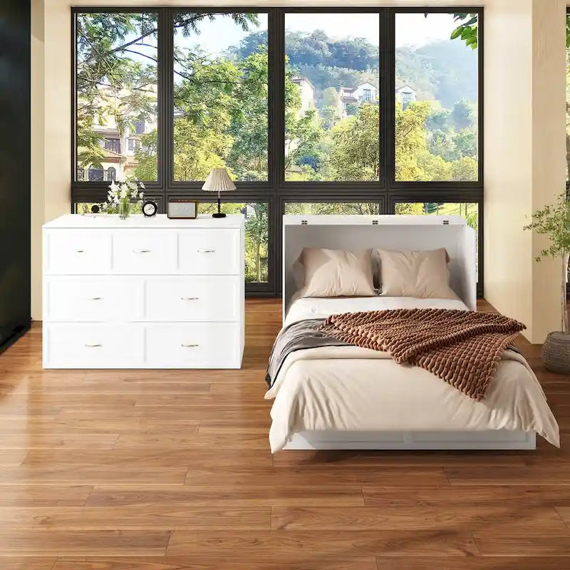 Commode 2 en 1 avec lit escamotable double en bois moderne, finition blanche