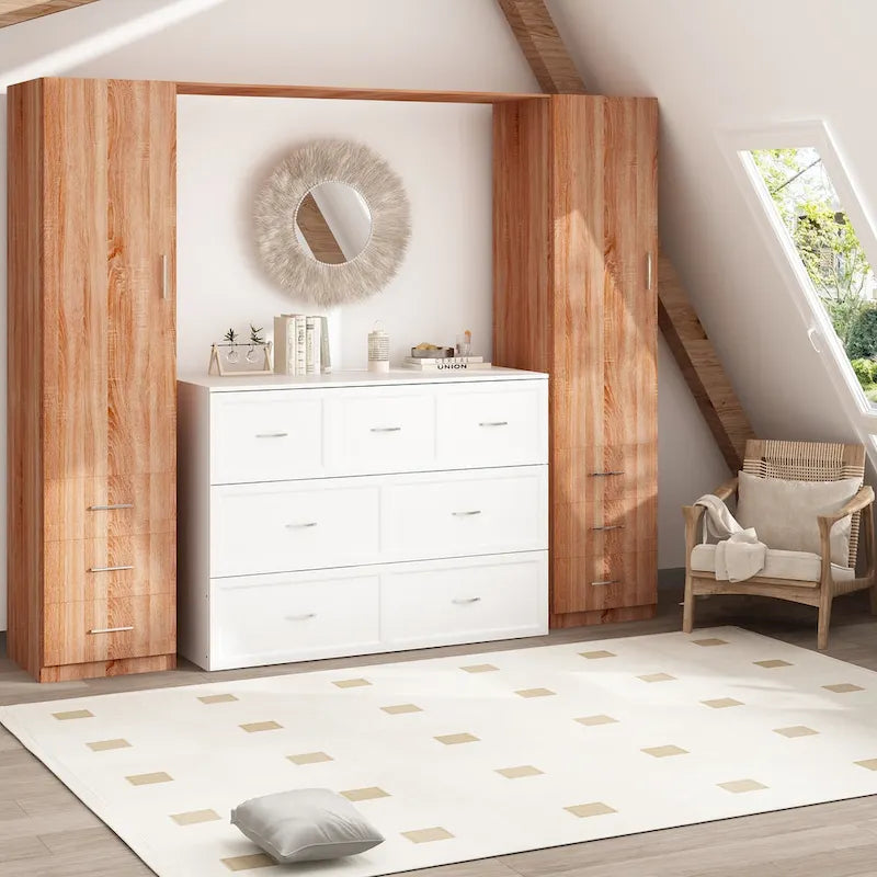 Commode 2 en 1 avec lit escamotable double en bois moderne, finition blanche