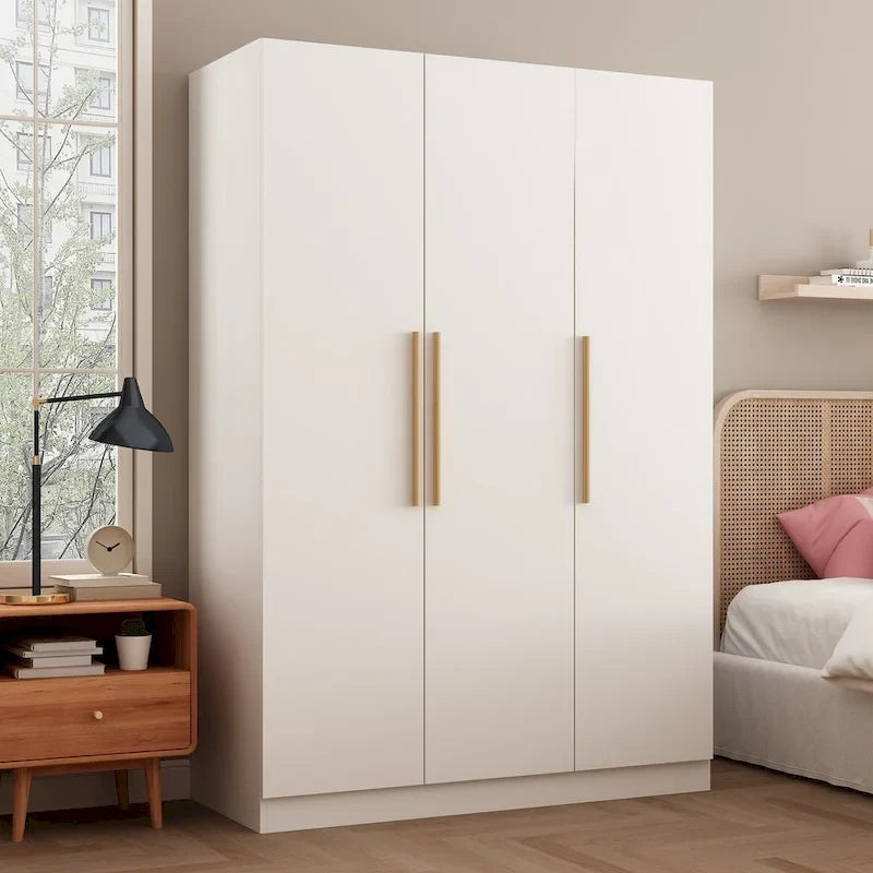Armoire Timechee 47.2, rangement pour vêtements, poignées en bois massif, blanche