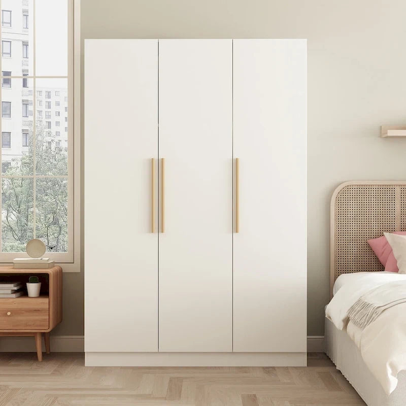 Armoire Timechee 47.2, rangement pour vêtements, poignées en bois massif, blanche