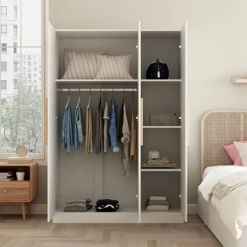 Armoire Timechee 47.2, rangement pour vêtements, poignées en bois massif, blanche