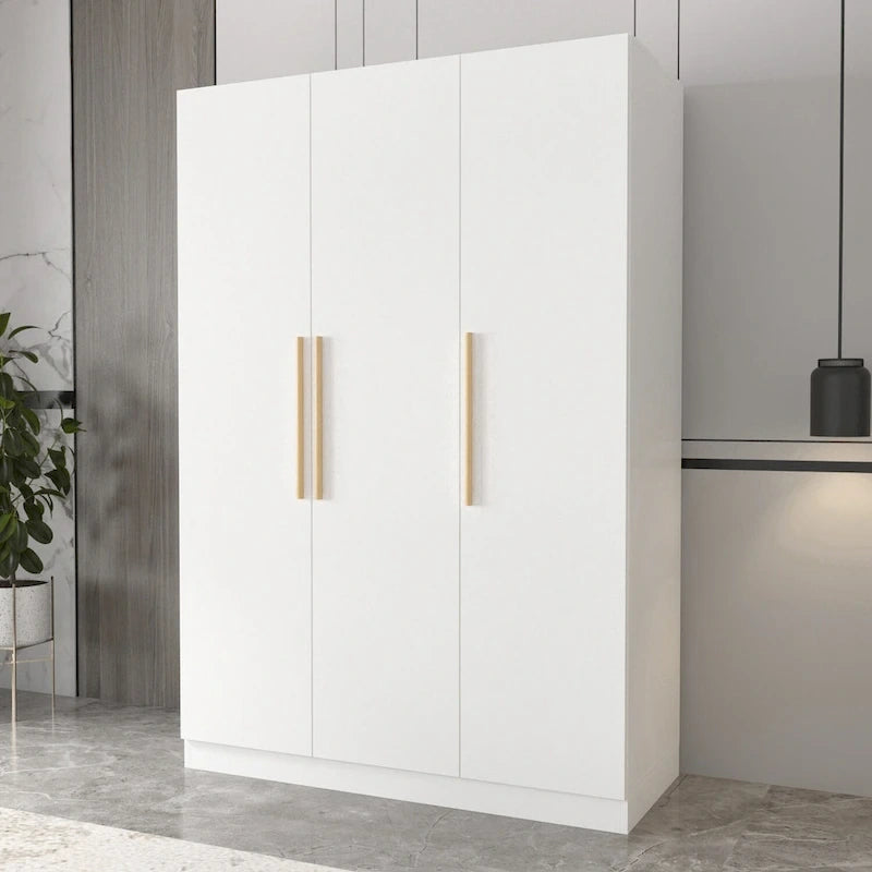 Armoire Timechee 47.2, rangement pour vêtements, poignées en bois massif, blanche