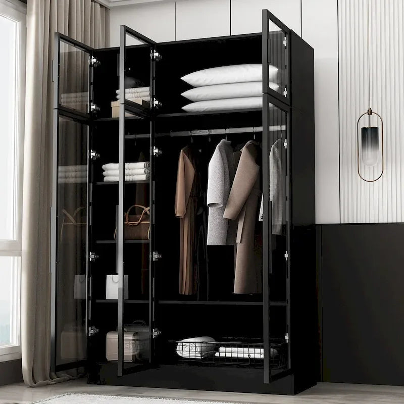 Armoire-penderie à portes vitrées avec éclairage intégré