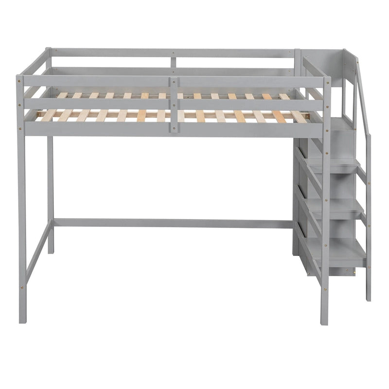 Lit mezzanine double avec armoire de rangement intégrée et escalier, gris