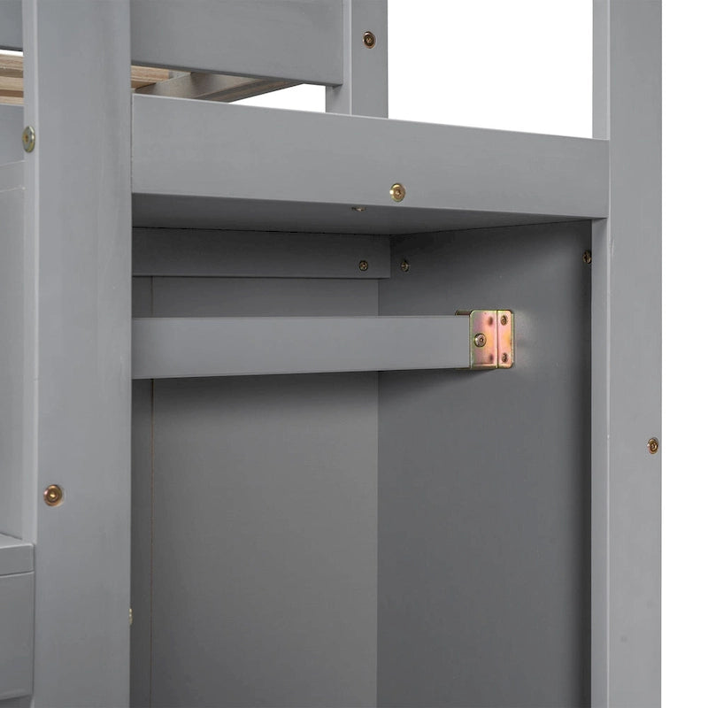 Lit mezzanine double avec armoire de rangement intégrée et escalier, gris