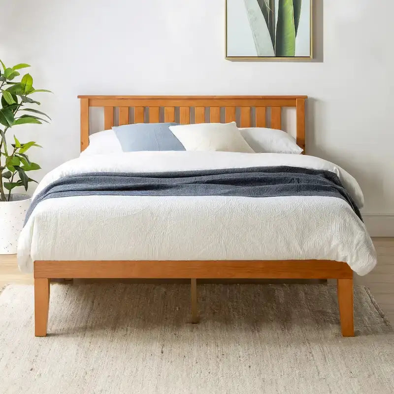 Lit plateforme en bois massif avec tête de lit à panneaux, plusieurs couleurs