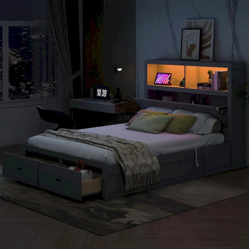 Lit plateforme hydraulique en bois Queen Size avec tête de lit LED et rangement