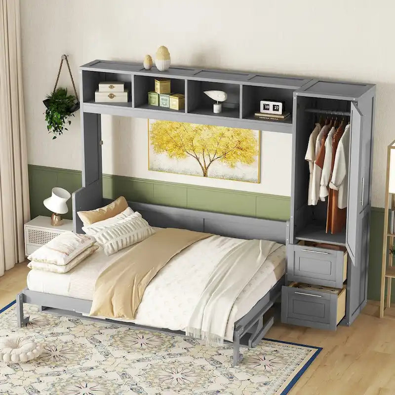Lit escamotable Queen Size avec placard et tiroirs, gris