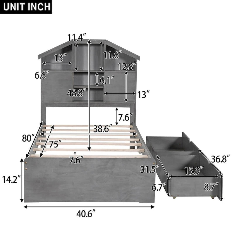 Lit plateforme en bois avec tête de lit de rangement en forme de maison et 2 tiroirs