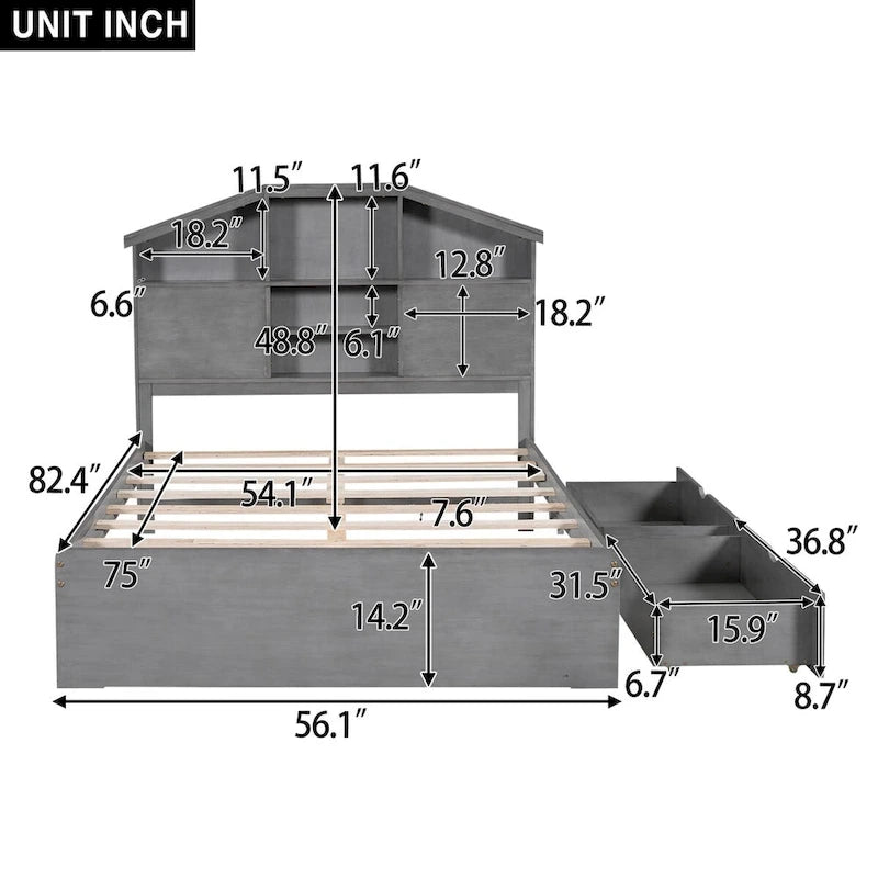 Lit plateforme en bois avec tête de lit de rangement en forme de maison et 2 tiroirs