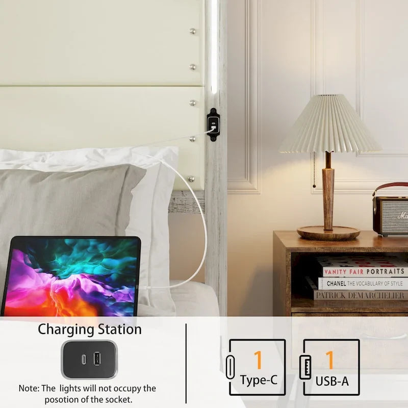 Cadre de lit King Size avec tête de lit rembourrée et 4 tiroirs de rangement, cadre de lit King Size avec station de recharge et éclairage LED