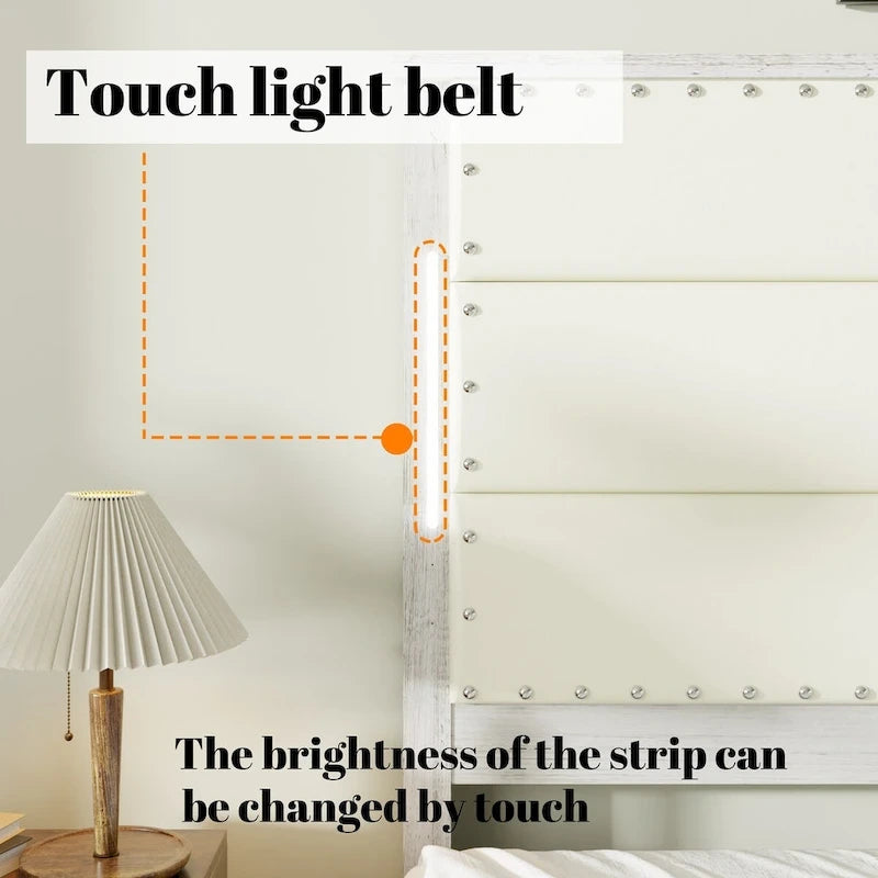 Cadre de lit King Size avec tête de lit rembourrée et 4 tiroirs de rangement, cadre de lit King Size avec station de recharge et éclairage LED