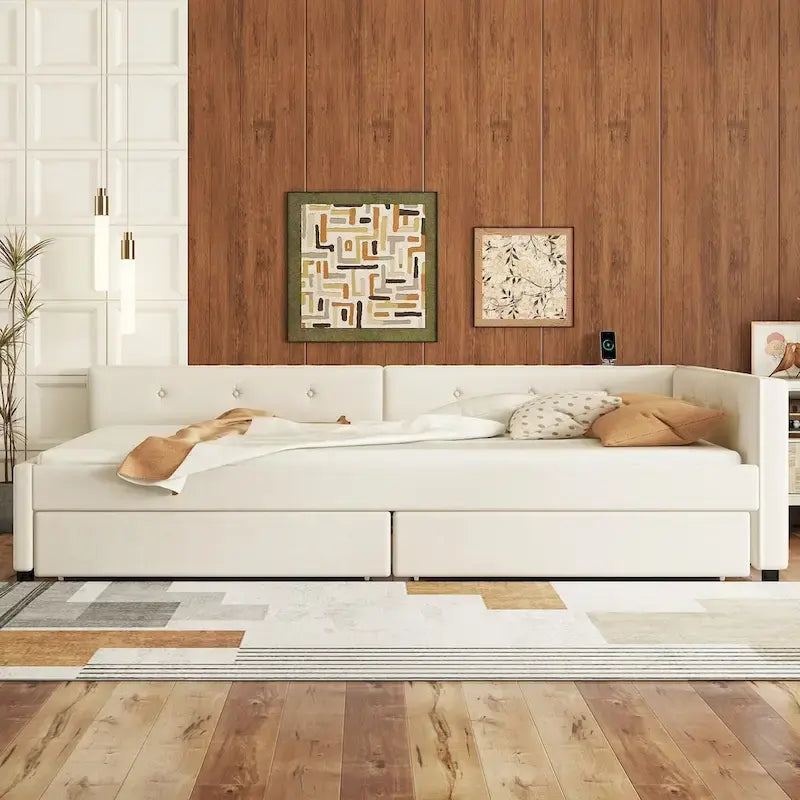 Full Size Upholstered Platform Bed with USB and 2 Drawers