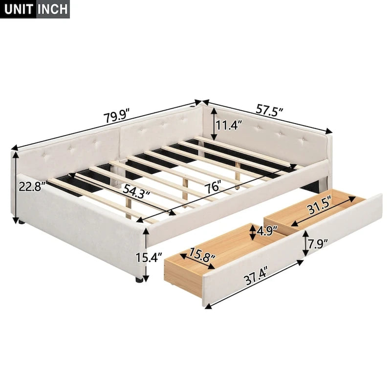 Lit plateforme rembourré pleine grandeur avec port USB et 2 tiroirs