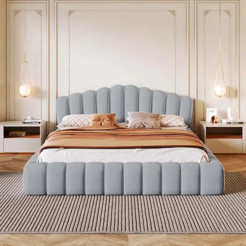Velvet Upholstered Queen Bed Frame Shell-Shaped Headboard for Bedroom
