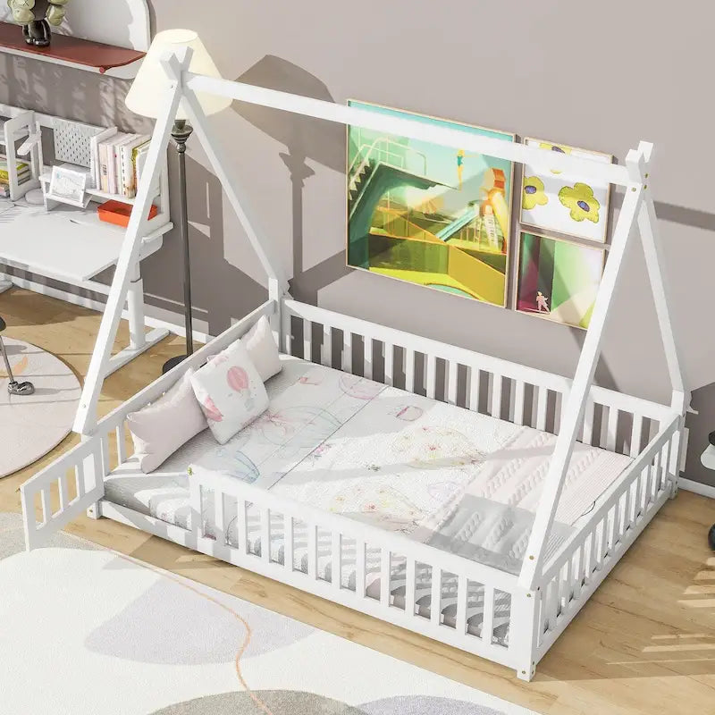 Lit de camp en forme de tente, de taille standard, avec barrières de sécurité, lattes et porte