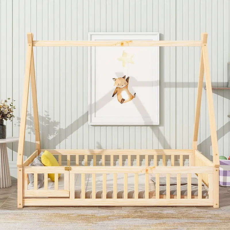 Lit de camp en forme de tente, de taille standard, avec barrières de sécurité, lattes et porte