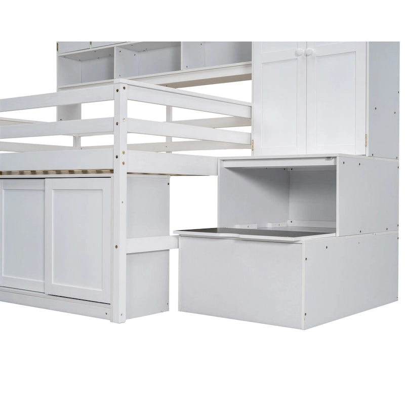 Lit mezzanine en bois pleine grandeur avec grand espace de rangement et bureau sous le lit